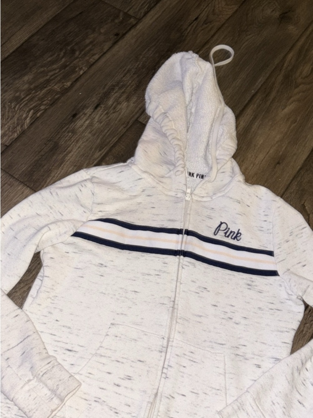 Victoria's Secret Pink White Hoodie with Navy and Gold Stripes